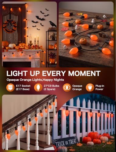 SUNSGNE C9 LED Halloween Orange String Lights 25FT Outdoor String Lights with 27 0.6W LED Plastic Bulbs(2 Spare) for Patio Garden Roofline Backyard Decorations, Black Wire