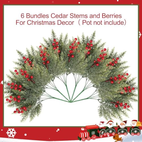6 Bundles Artificial Christmas Flowers, Norfolk Pine & Red Berry Stems