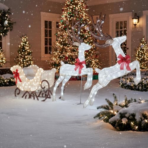 Tangkula 3-Piece Christmas Lighted Reindeer & Sleigh Set, Cold White