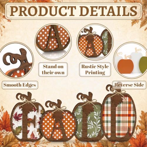 4 Pcs Fall Pumpkin Decor, Wooden Autumn Fall Decorations for Home
