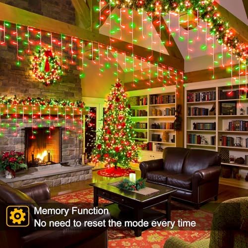 99ft Red and Green Christmas Lights, 1216 LED Icicle Lights for Outside, Clear Wire Twinkle Lights with 8 Modes Timer Waterproof for House Window Party Tree Holiday Patio Yard Home Decor