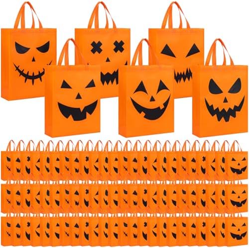 Sanwuta 180 Pcs Halloween Tote Gift Bags 14.9 x 11.8 Large Treat or Trick Pumpkin Reusable Non Woven Candy Goodies Bag for Halloween