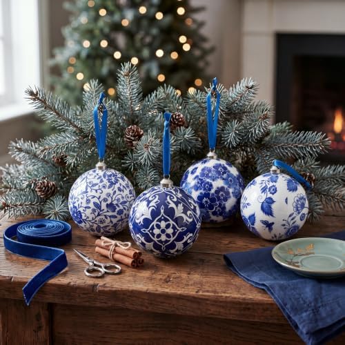 RoundFunny 4 Pcs Chinoiserie Christmas Ornaments 6 Inch Large Blue White Ball Ornaments with Ribbon Foam Porcelain Chinoiserie Christmas Decorations for Home Xmas Tree Party Decor, Not Porcelain
