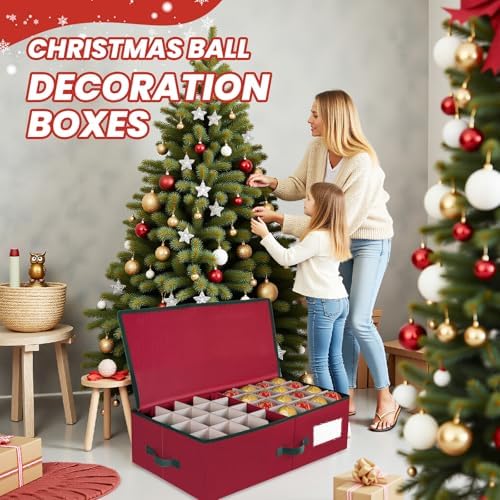 BlessedSeason Christmas Ornament Storage Box with Adjustable Dividers, Cube Storage Containers Organizer *2, Stackable Storage Bins Fit Balls (36 PCS 4’’ & 64 PCS 3”) Dual Zipper, Handles, Visual Slot