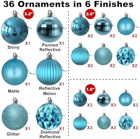 Baby Blue Christmas Ornaments - Christmas Tree Decorations Shatterproof Hanging Balls for Birthday Wedding Holiday Decor Set of 36pcs, Multi-Sizes(1.6",2.5",3.2")