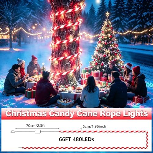 Christmas Candy Cane Lights Outdoor, 66ft White & Red Christmas rope Lights