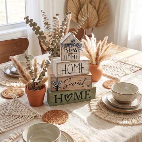 Moucuny 4 Pcs Wooden Farmhouse Table Decor Rustic Home Sweet Home Stacked Blocks Decoration Farmhouse Tiered Tray Decor Decorative Eucalyptus Block Signs Bless Gift for Kitchen Shelf Coffee Table