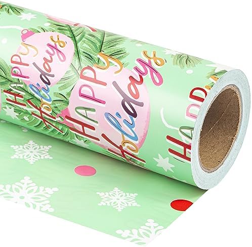 WRAPAHOLIC Reversible Christmas Wrapping Paper - Mini Roll - 17 Inch x 33 Feet - Happy Holiday Lettering with Christmas Ball Design for Holiday, Party Celebration