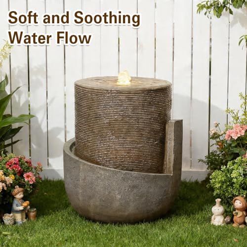 Sunlinua 18H Modern Outdoor Water Fountain with Led Lights Tiered Cascading Waterfall Feature with Quiet Pump Floor Water Fountain for Patio Garden Backyard Decking Home and Indoor Décor Brown Brown
