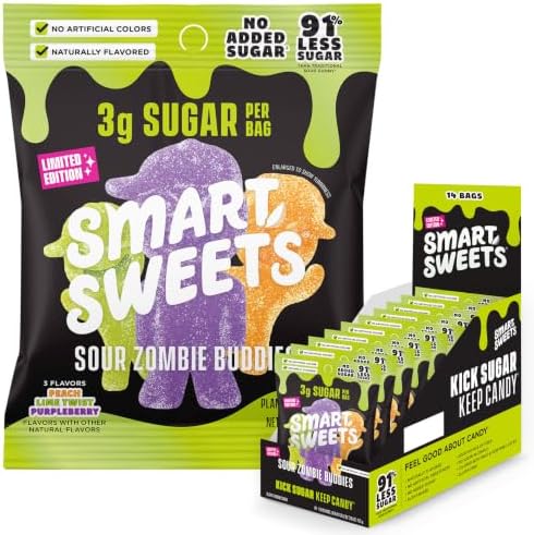 SmartSweets Sour Zombie Buddies Low Sugar Gummy Candy, Healthy Snacks for Kids and Adults, Halloween Treat, 50g bags, Pack of 14