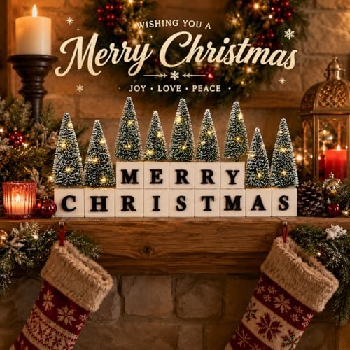 Merry Christmas Table Decor with Warm Lighted Mini Trees and 3D Letters