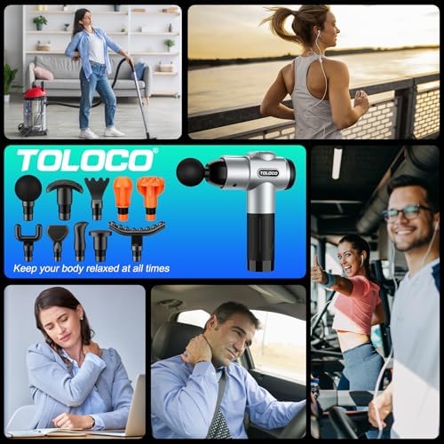 TOLOCO Massage Gun, Muscle Massage Gun Deep Tissue for Athletes with 10 Massage Heads, Electric Percussion Massager for Any Pain Relief, Fathers Day Dad Gifts, Silver