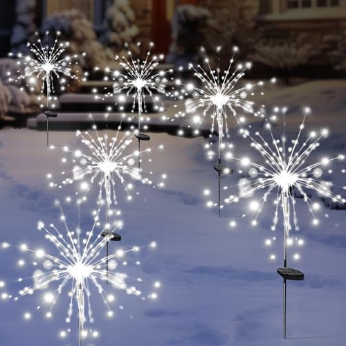 Solar Garden Firework Lights Outdoor Waterproof, 4 Pack Solar Powered Art Stake Twinkle Lighting for Outside Decor, 120 LED Sparklers String Lights for Yard Pathway Christmas Decorations(White)