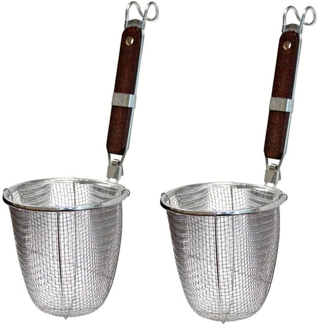 2-Pack Stainless Steel Noodle Strainer Basket with Wood Handle - G+ Life Kitchen Spider for Pasta, Ramen, Dumplings, and Deep-Fried Foods - 5.5 Inch Diameter