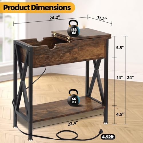End Tables Living Room Set of 2 with Charging Station, 12"D x 24"W x 24"H