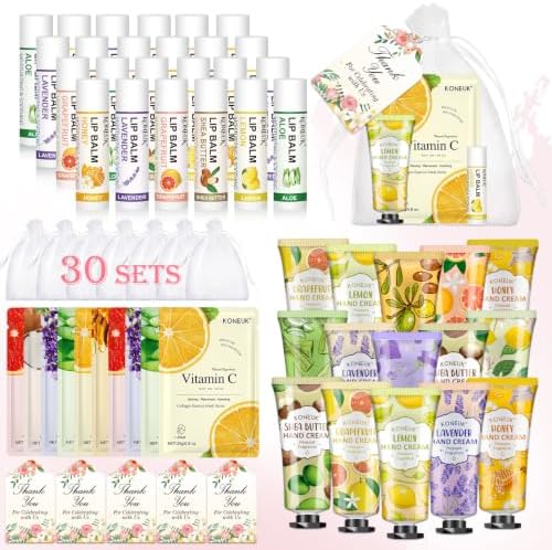 KONEUK 30 Pack Bulk Facial Mask, Bulk Hand Cream and Bulk Lip Balm Sets, Thank You Gifts, Teacher Appreciation Gifts, Wedding Favors and Bridal Shower Favors, Birthday Gifts for Guests