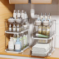 Delamu 2 Pack 3-Tier Bathroom Under Sink Organizers and Storage, Multi-Purpose Stackable Pantry Organization and Storage, Pull Out Clear Kitchen Bathroom Cabinet Organizer with Movable Dividers, Grey