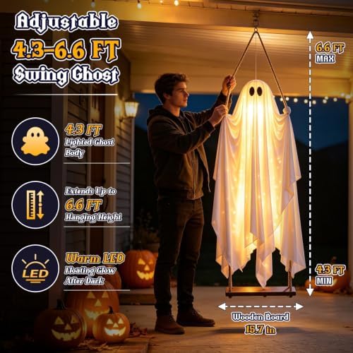 Halloween Decorations Outdoor, 4.3FT Hanging Swing Ghost Halloween Decor