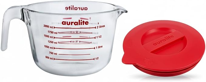 Auralite 8-Cup Borosilicate Glass Measuring Cup with Lid, 2 Quart, 2 Litre Large Glass Measuring Cup - Kitchen Mixing Bowl Liquid Measure Cups Glass Bakeware Set, Punch Bowl, Batter Bowl, 2Qt, 2L