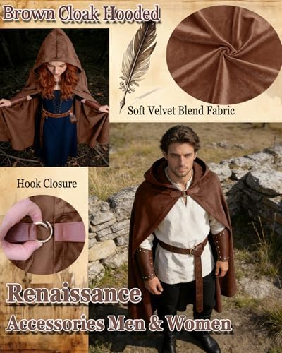 kasahara Renaissance Hooded Cloak Medieval Costume Accessories for Men Women Halloween Costume Cape Belt Pouch Bracers