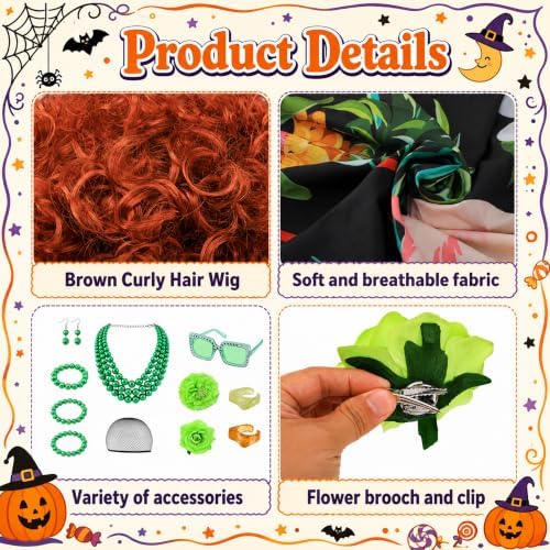 Halloween Women Landlady Costume Caftan Dress Curly Wig Jewelry & Sunglass