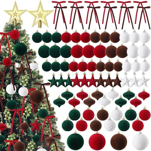 Hollowfly 95 PCS Velvet Christmas Tree Decor Set, Red, Green, Brown, White
