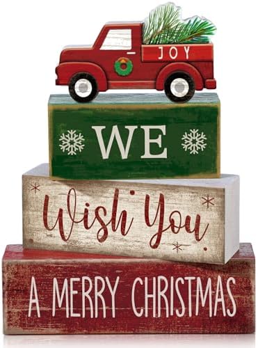 Lineshading 4 Pcs Wooden Red Truck Christmas Decor Block Signs