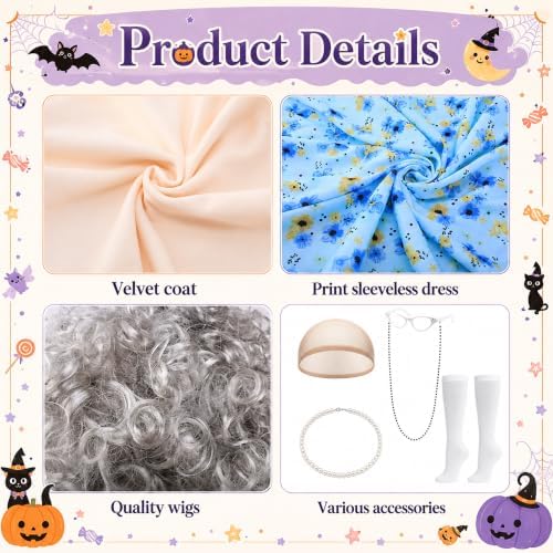 Halloween Old Lady Costume Set with Nightgown Grandma Dress and Coat