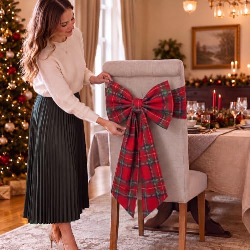 Thiccywoov 4 Pcs Christmas Chair Bows Decorations 25 x 14 in, Red Tartan