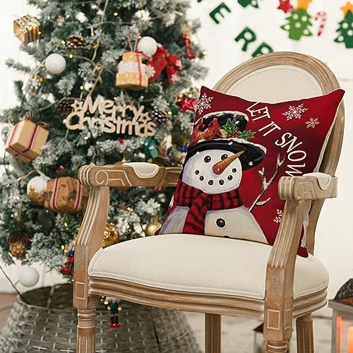 AVOIN colorlife Merry Christmas Let It Snow Love Snowman Red Throw Pillow Covers, 18 x 18 Inch Xmas Tree Holiday Cushion Case Decoration for Sofa Couch Set of 4