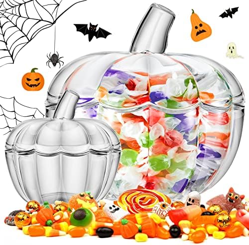 2 Pcs Glass Pumpkin Candy Jar with Lid Halloween Fall, 70 Oz,20 oz, Clear