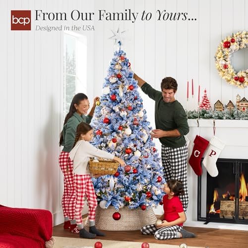 Best Choice Products Pre-Lit Blue Christmas Tree, 9ft Artificial Flocked Full Fir Tree, Holiday Decoration w/ 900 Lights, 2,094 Branch Tips