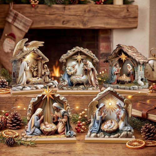 RattanView 5 Pcs Christmas Table Decorations Wooden Christian Religious Decoration Nativity Scene Centerpiece Holy Night Tiered Tray Decor Nativity Scene Christmas Block Signs for Home Kitchen Shelf