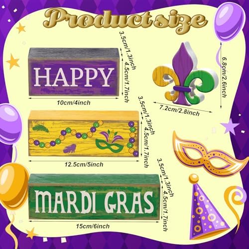 Moucuny 4 Pcs Mardi Gras Wooden Block Signs Tiered Tray Farmhouse Table