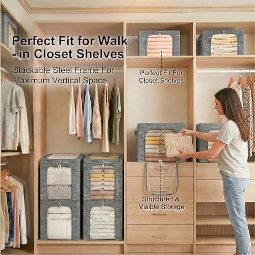 GoMaihe Blanket Storage Bins with Metal Frame for Closet, 55L 4-Pack Grey