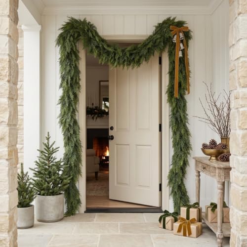 16Ft Christmas Garland,Real Touch Cedar Garland,Realistic Faux Pine Garland