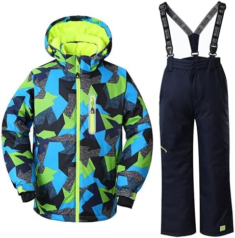 WOWULOVELY Big Boy's 2-Piece Colorblock Snow Pants and Jacket Snowsuit Ski Suit