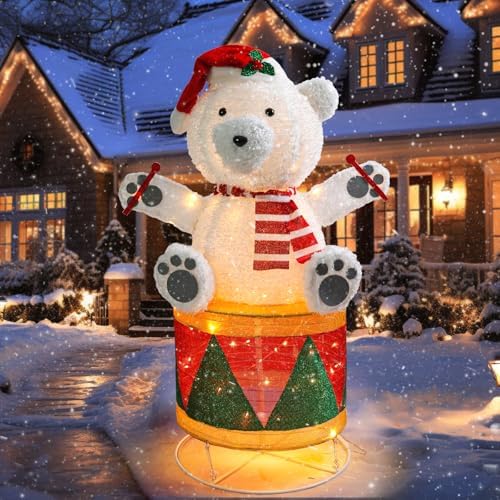 4 FT Lighted Christmas Drum Bear, Pre‑Lit Outdoor Yard Decor