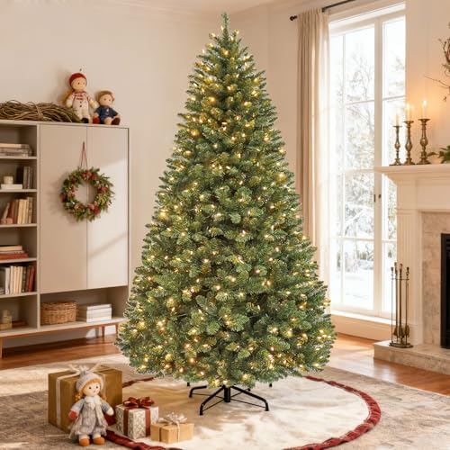 Hykolity 6 ft Christmas Tree with 1,032 Branch Tips, 250 Warm White Led Lights, Hinged Design and Sturdy Metal Stand