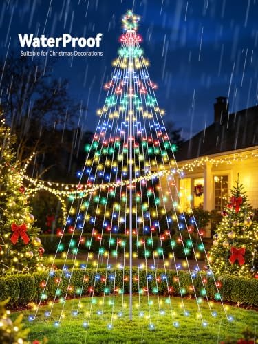 Outdoor Christmas Tree Lights with Pole, 16 FT, Warm White and Multicolor