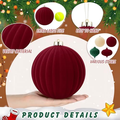 Civaner 4 Pcs Large Velvet Christmas Ball,6 Inch,Beige,Burgundy,Green