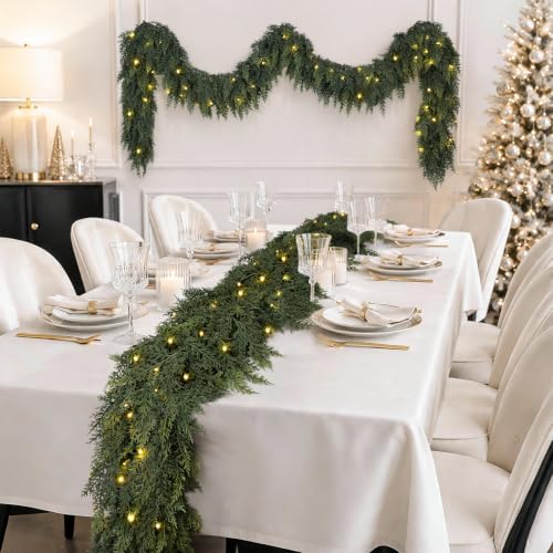 9FT Christmas Cedar Garland with Lights Prelit Pine Garland Christmas Decor (10, Green, 9FT)