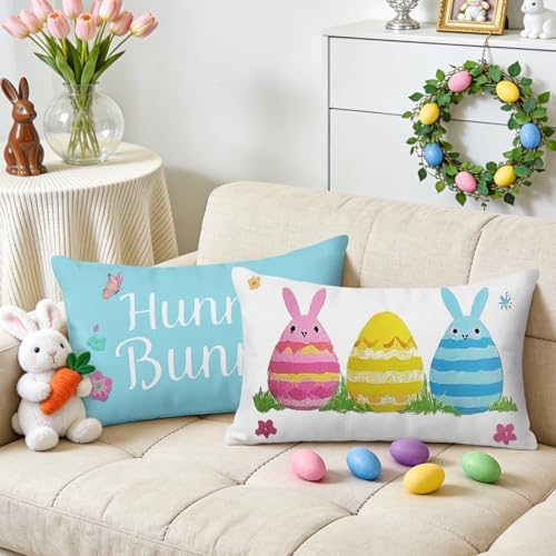 Easter Pillow Covers 12x20 Inch,Easter Decorations for Home,Set of 4 Happy Easter Hunny Bunny Pink Blue Decorative Throw Pillow Covers Spring Farmhouse Decor