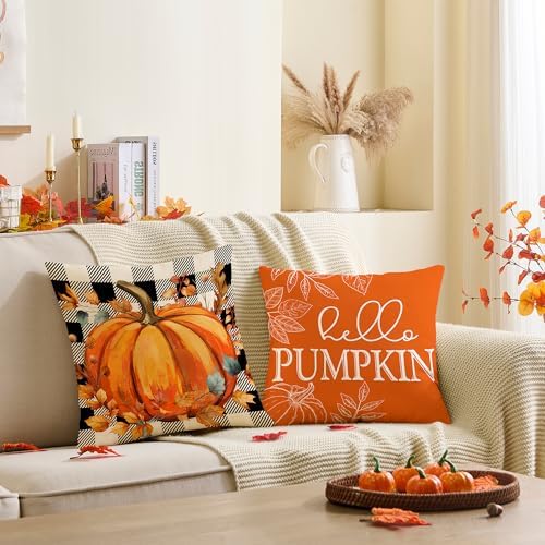 Fall Decor for Home,Fall Pillow Covers 18x18 Set of 4 Rustic Indoor Outdoor Decorations Orange Plaid Throw Pillow Covers,Hello Pumpkin Linen Autumn Cushion Case for Sofa Couch Chair Bedroom