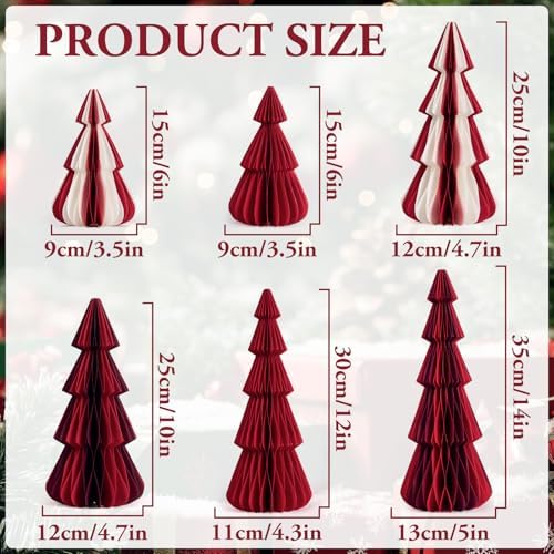 SUNBEAUTY 6 PCS Honeycomb Paper Christmas Tree Red White Paper Christmas Tree Decor 3D Honeycomb Trees Table Centerpiece Vintage Reusable Table Decor for Xmas Holiday Home Party Decorations
