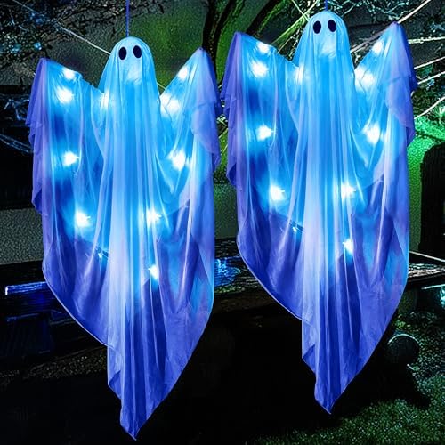 JOYIN 2 Pcs 35.5” Halloween Hanging Light up Ghost Decorations Outdoor, Halloween White Hanging Ghosts with Blue LED Lights and Timer for Haunted House Party Supplies Front Yard Patio Garden Decor