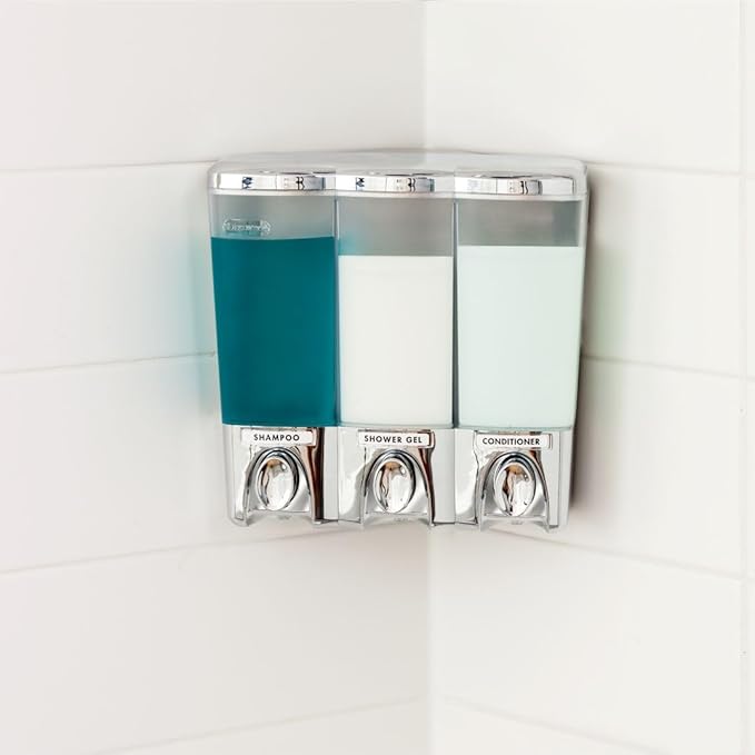 Better Living Clear Choice Wall Mount Shower Dispenser, 3 x 14.2, Chrome | 3 Chamber Dispenser, Corner or Flat Wall Installation, No Drill Adhesive, Waterproof Dispenser Pump