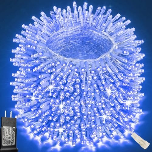 Pooqla 500 LED String Lights Indoor Outdoor, 164 ft Blue Christmas Lights Plug in with Timer, Connectable 8 Modes Waterproof Clear Wire Twinkle Fairy Lights for Bedroom Party Classroom Decor