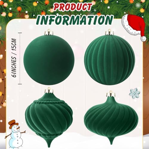 Civaner Large Velvet Christmas Ball Ornaments Vintage Christmas Plastic Ball Ornaments Flocked Xmas Tree Hanging Decoration for Xmas Party Decor(6 Inch,Green,4 Pcs)