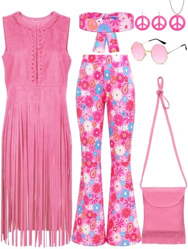 SOMSOC 7 Pieces 60s 70s Women Hippie Costume Fringe Vest Bag Pant Headband for Disco